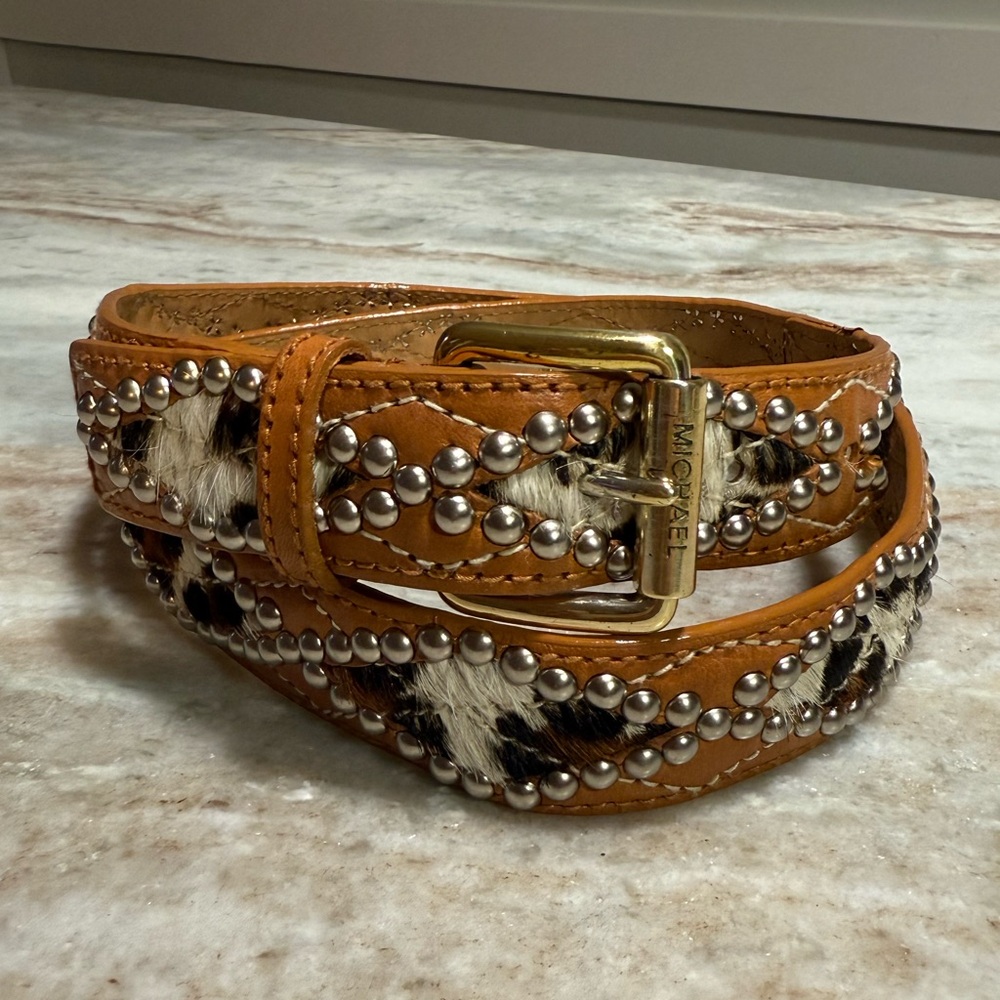 Michael Kors Calf Hair Studded Brown Leather Belt Size L